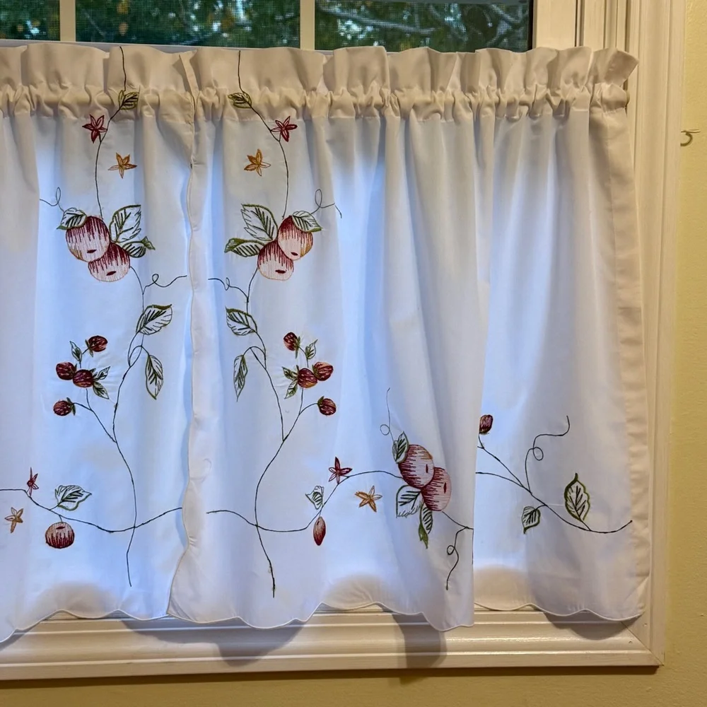 NEW ~ Embroidered Apples & Strawberries White Kitchen Curtain Tiers 60” x 24” - Picture 3 of 14